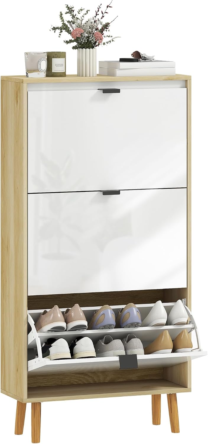 HOMCOM 18 Pairs Shoe Cabinet with High Gloss Door, Narrow Shoe Cabinet with 3 Folding Drawers and Adjustable Shelves, Modern Style, for Hallway, Entrance, 60 x 24 x 127 cm, White