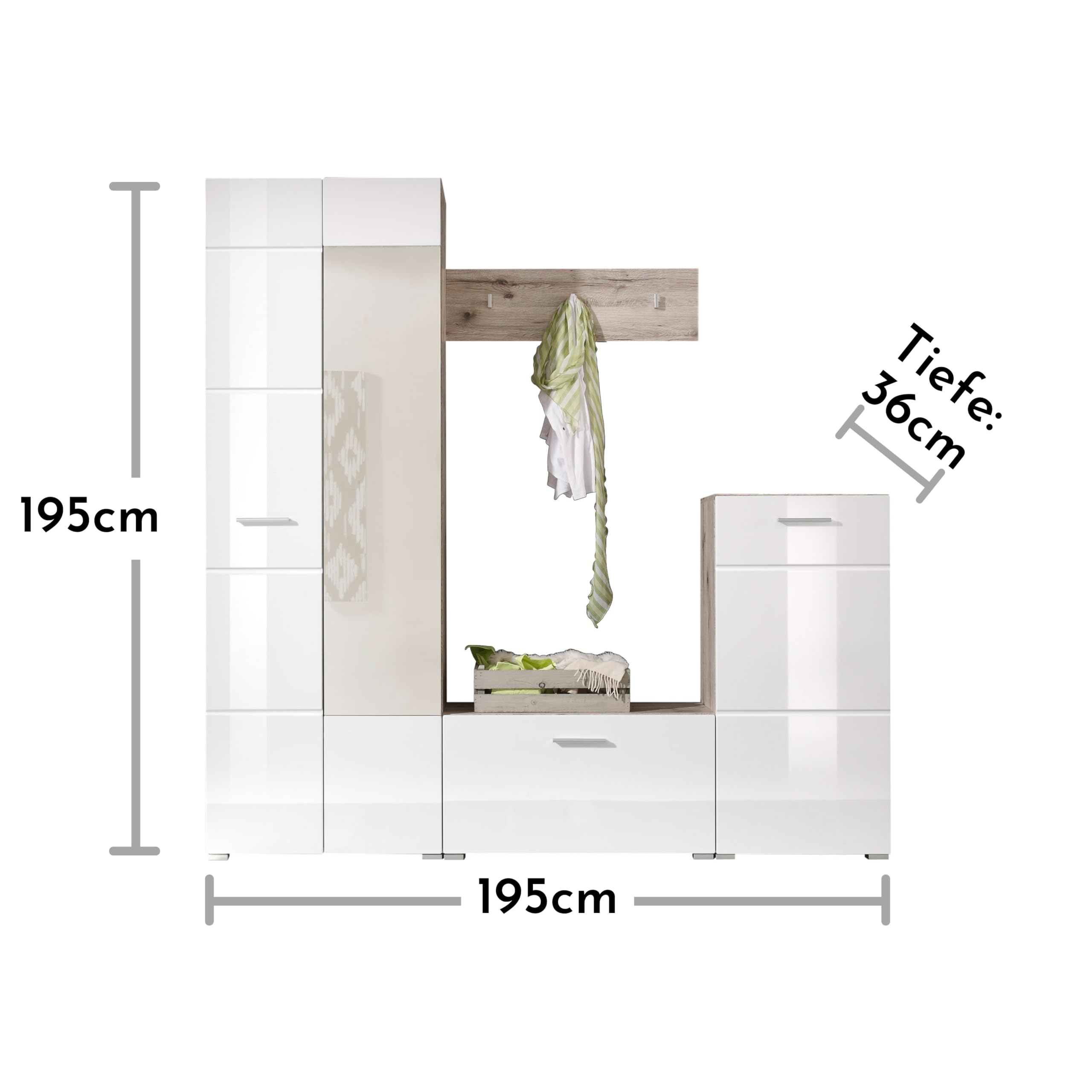 Sixx Flurgarderoben Set in Weiß Hochglanz/Sandeiche Optik - Moderne Kompaktgarderobe 4-teilig für Ihren Eingangsbereich - 195 x 195 x 36 cm (B/H/T)
