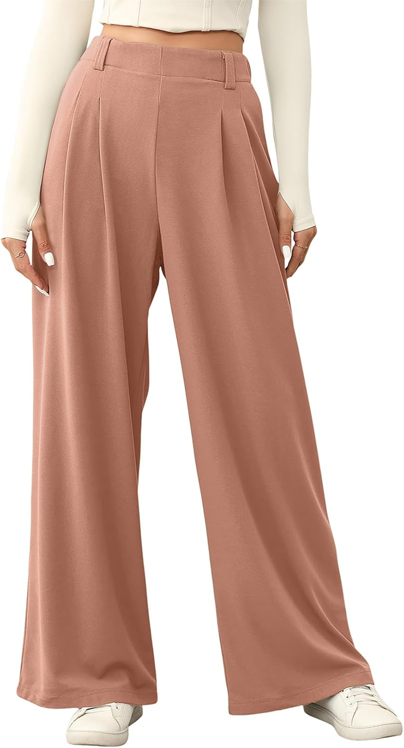 EVALESS Wide Leg Pants for Women Elastic High Waisted Waffle Knit Fleece Lined Palazzo Pants Work Trousers with Pockets