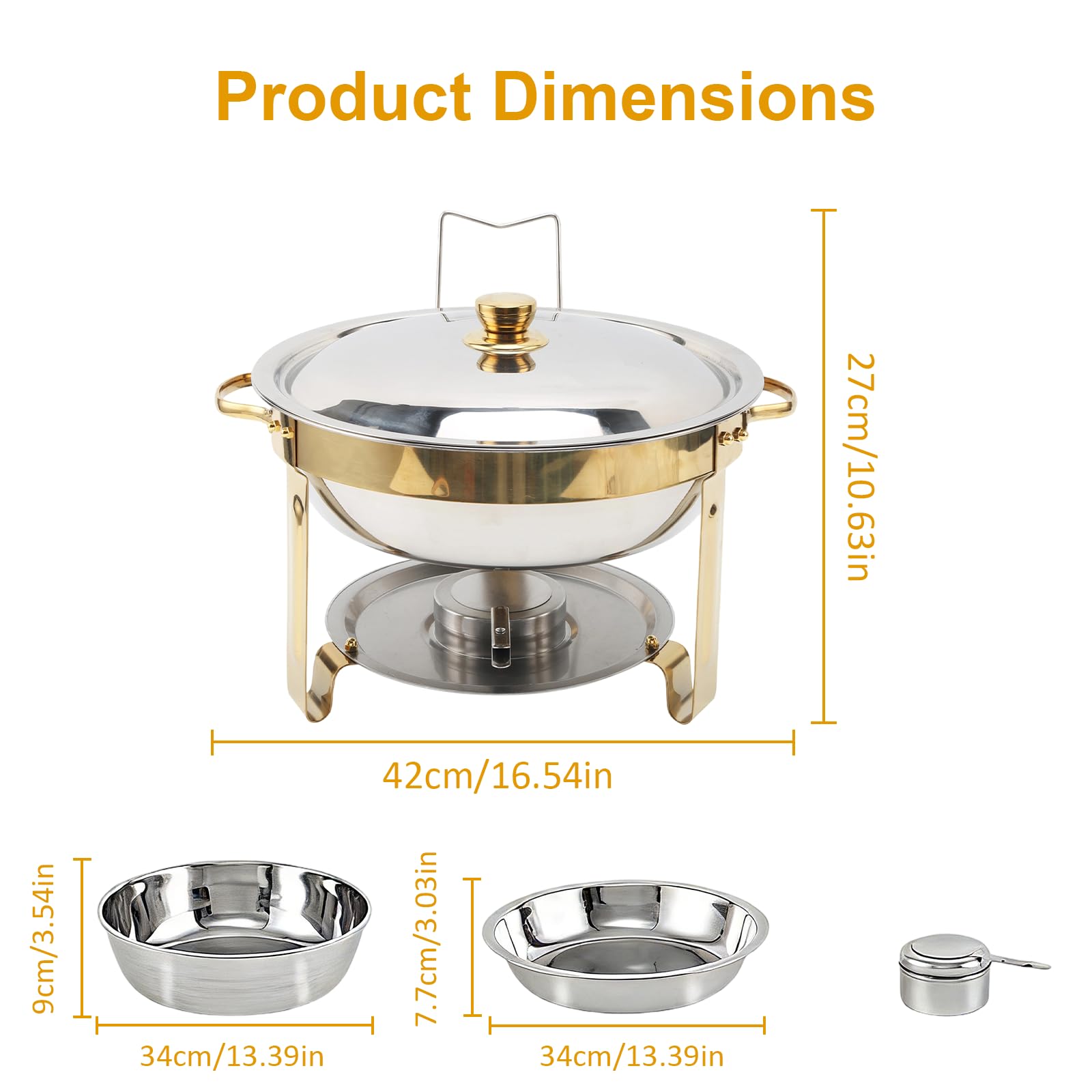 2 Stück runde 4,5L Chafing Dish Edelstahl mit Brenner & Eisfach | Abnehmbar mit Doppelgriffen, tragbar für Hochzeiten, Partys, Catering und Buffets