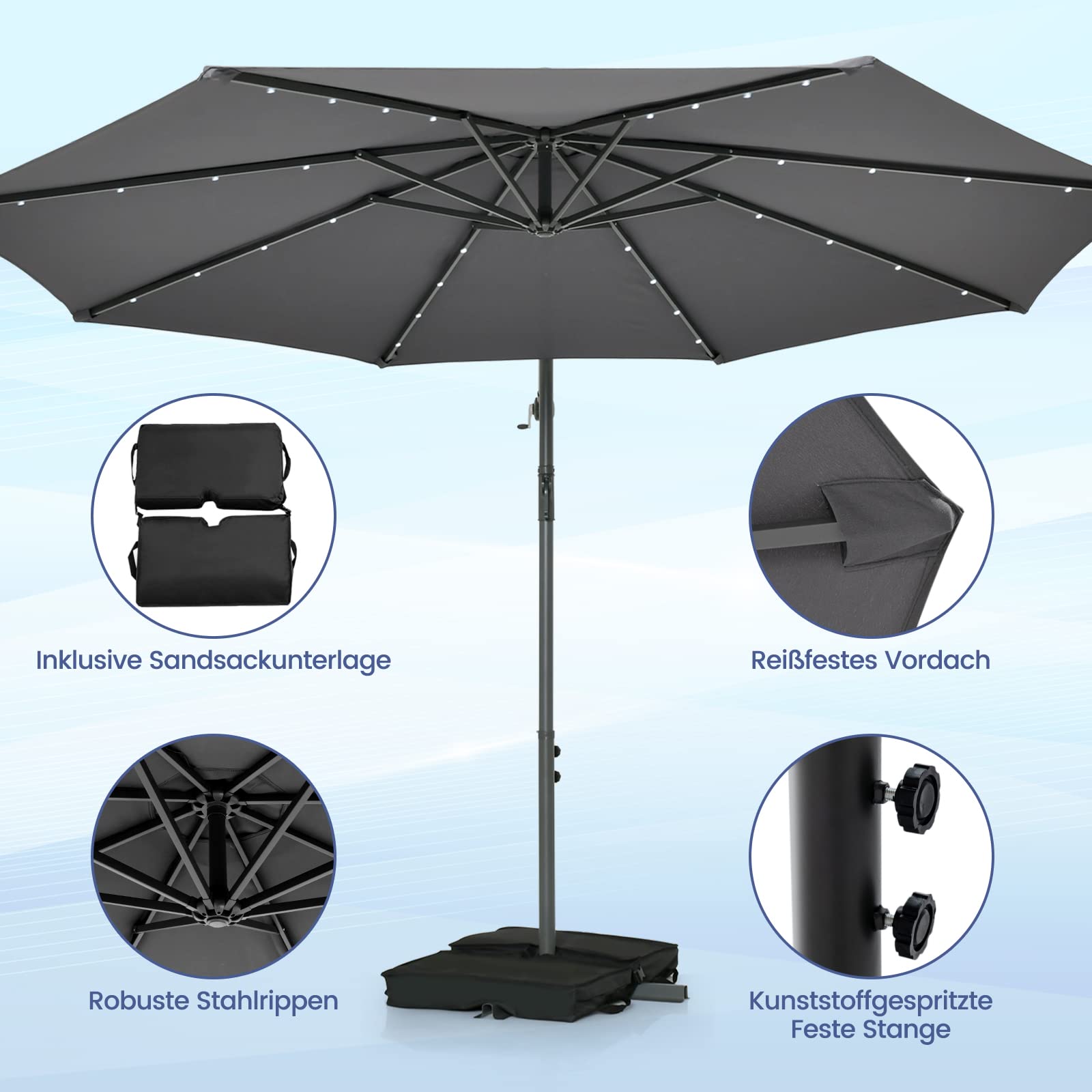 RELAX4LIFE Ampelschirm 300 cm mit 40 LED-Solar-Beleuchtung, Sonnenschirm Neigbar mit Kurbel, Kurbelschirm mit Ständer Sandsäcke(2 x Beutel befüllbar), Gartenschirm UV-Schutz (Dunkelgrau)