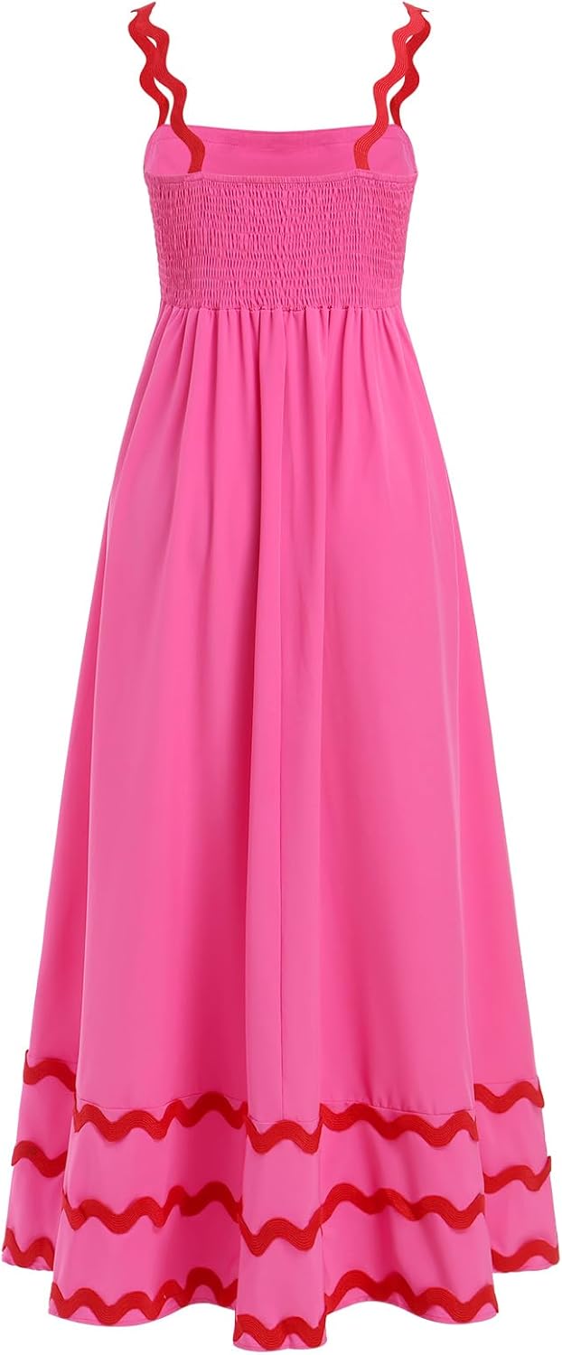 IKADEX Women Summer Sundress Spaghetti Strap Rickrack Floral Smocked Back Boho Flowy A-line Maxi Dress - Image 4