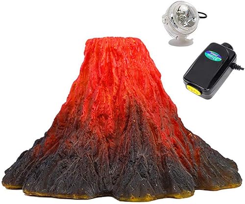 Decoración de tanque, adorno de volcán, aspecto de explosión de lava, decoraciones de acuario con foco LED multicolor para pecera (M)