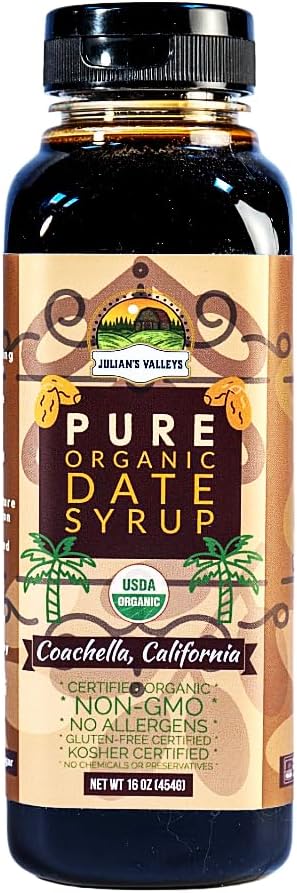 Coachella California Pure Organic Date Syrup By Julian's Valleys, 16 Ounce Squeeze Flip Cap, Gluten-free, Vegan, GMO-Free, Kosher (1, 16)