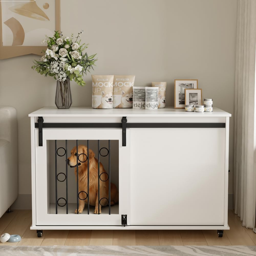 Dog Crate Furniture with Sliding Barn Door & Side Door, 39.4" Indoor Dog Kennel End Table for Small Medium Dogs with Lockable Wheels - White, 25.6" H