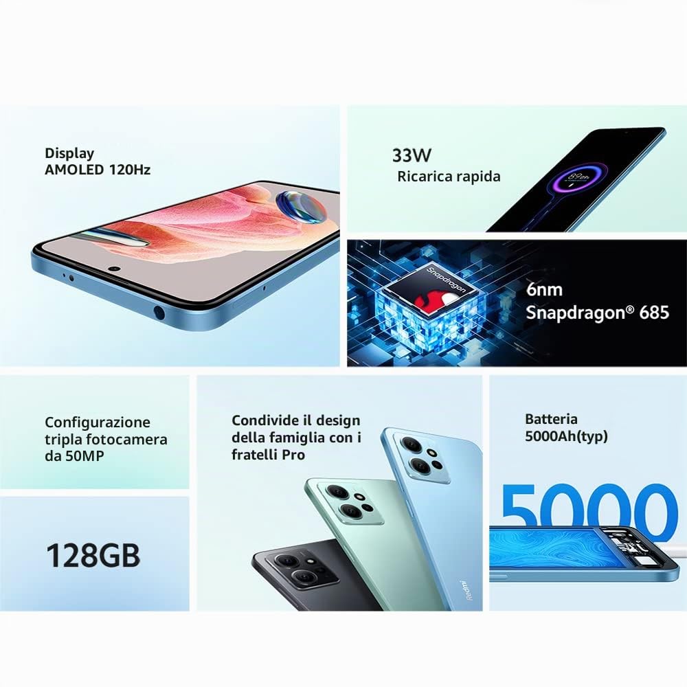 Xiaomi - Redmi Note 12, Smartphone 4GB/128GB, Display 6.67", 5000 mAh, 33W, Ricarica veloce, Snapdragon 685 (Ice Blue)