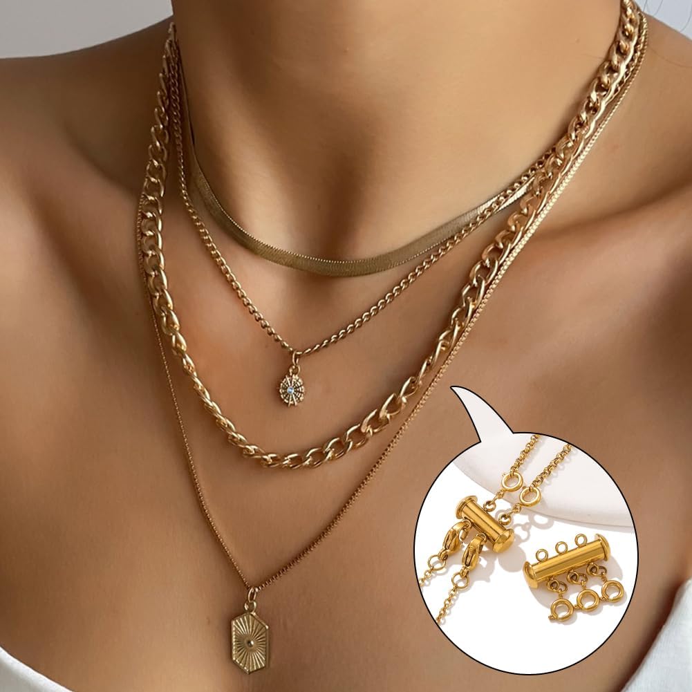 Beebeecraft 3Pcs Necklace Layering Clasps 14K Gold Plated 3 Layered Slide Lock Tube Clasp with Spring Clasps for Multi Strand Bracelet Necklace