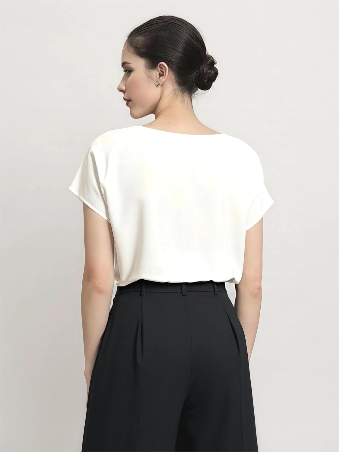 Mettclasi Women's Silk Satin Cowl Neck Short Sleeve Top, Elegant Dressy Casual Summer Blouse Shirt Solid T-Shirt - Image 3