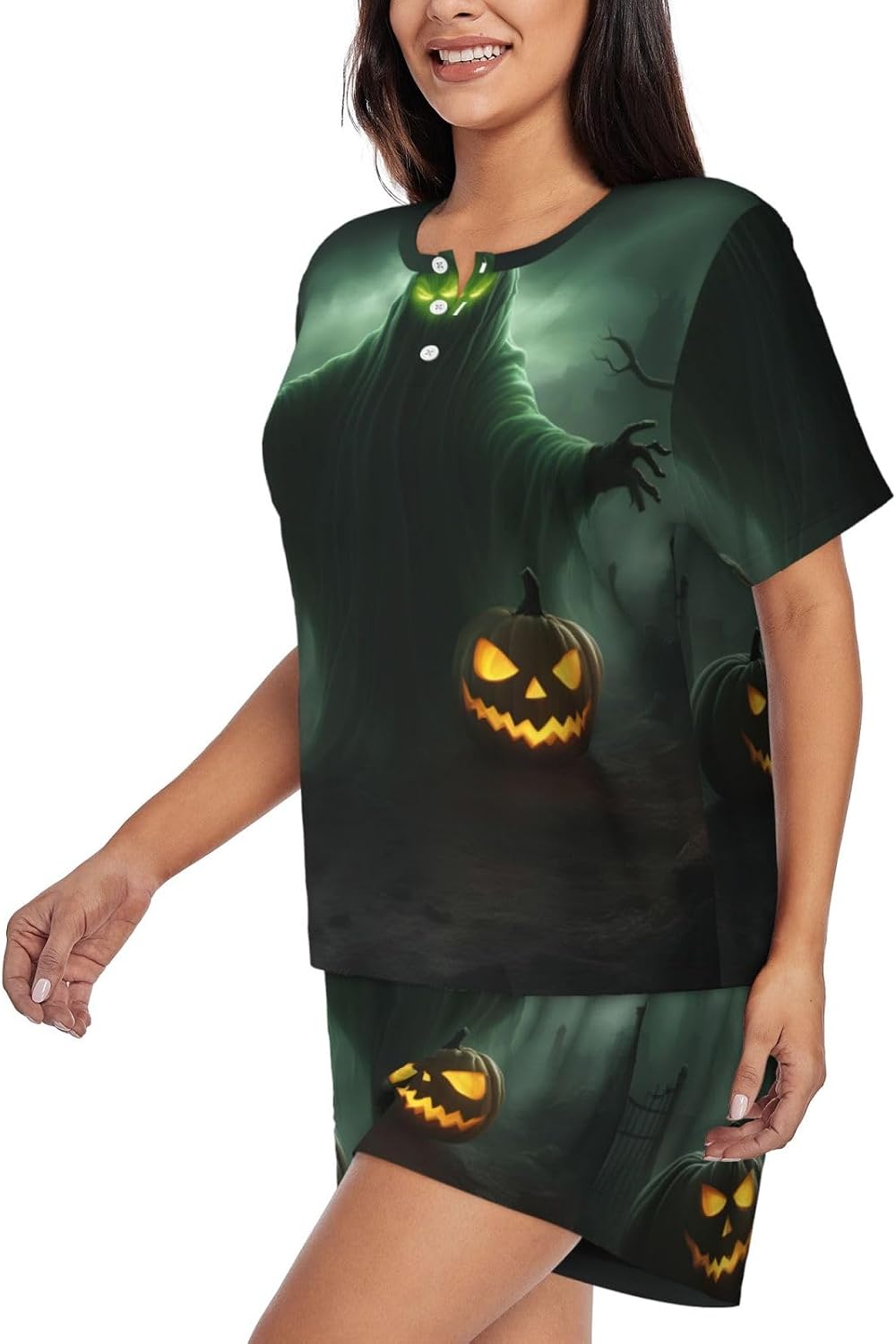 Green Ghost Horror Halloween Pumpkin Print Women'S Short Sleeve Pajama Set,Stylish Comfortable,For Lounging Relaxing