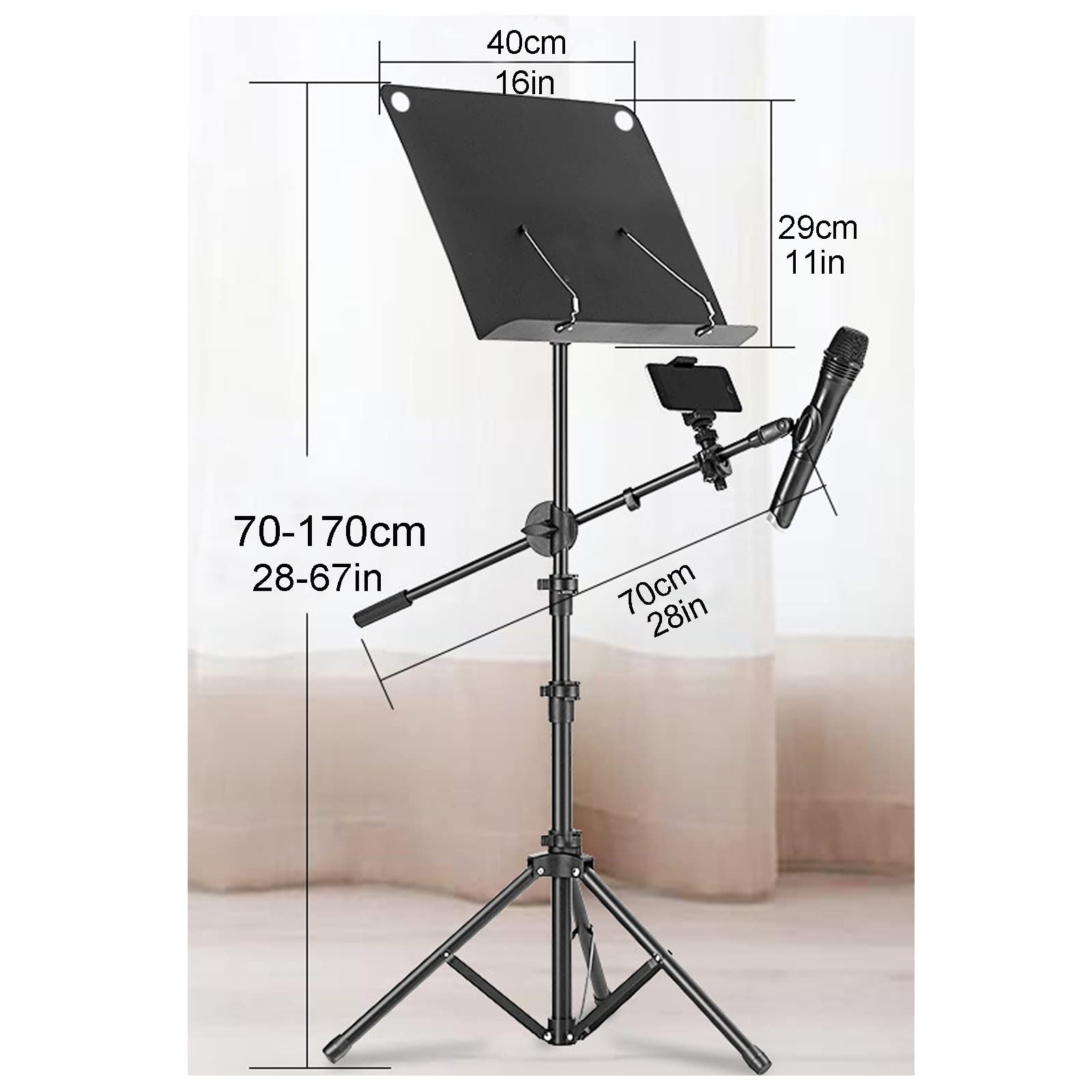 Atril De Metal Extra Estable, Atril De Metal Plegable para Partituras, Bandeja Ancha, Trípode De Metal Resistente, Mayor Capacidad De Carga, Atril con Soporte para Teléfono,