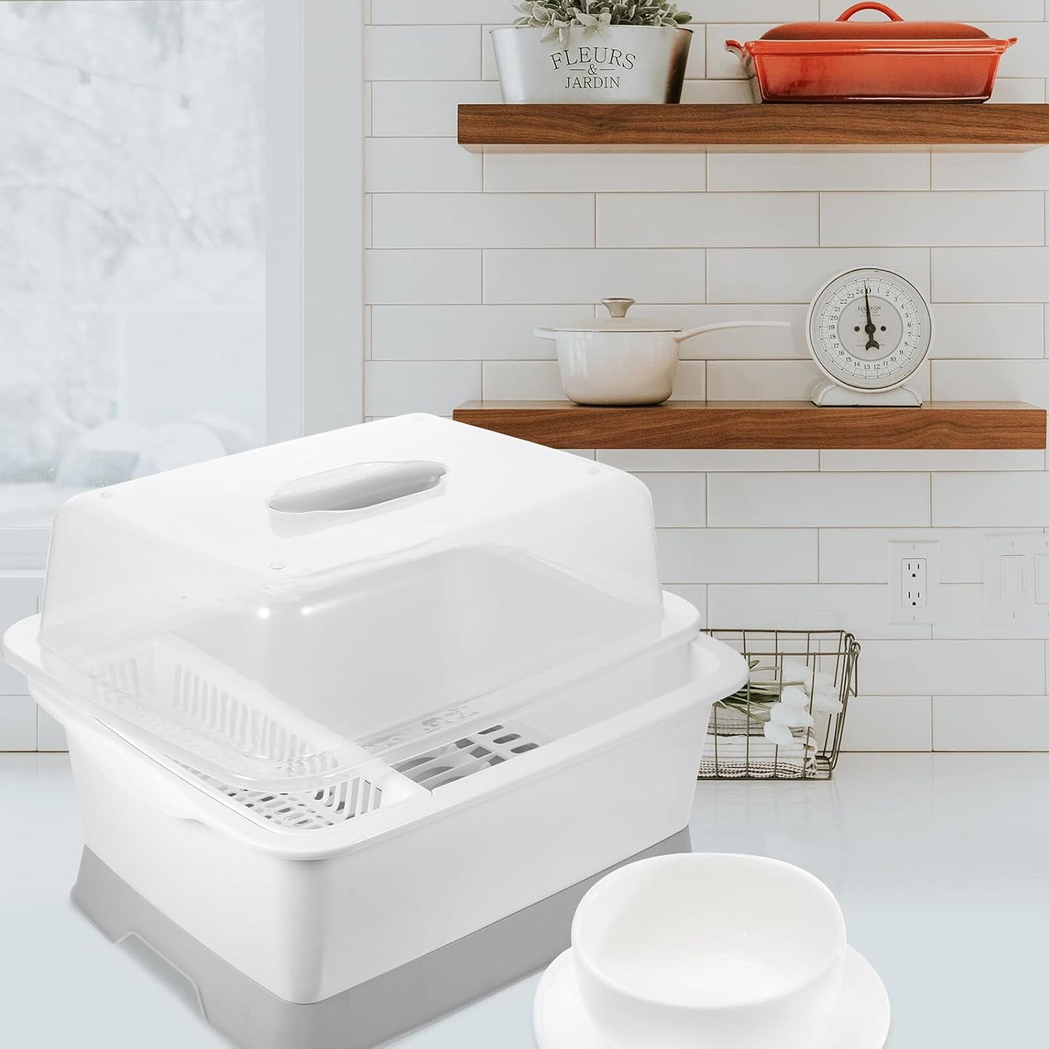 Dish Dryer Holder with Transparent Cover Ventilated Kitchen Utensil Storage Box for Plates Forks Spoons and Knives Medium Household Dish Rack Organizer for Space-Saving and Quick