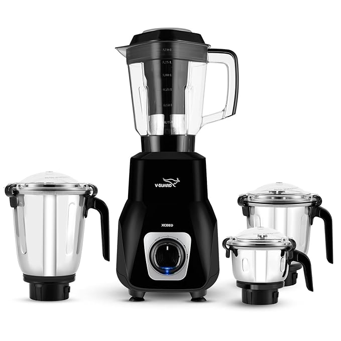 V-Guard Xceed 750 Watt Mixer Grinder with Multifunctional SS Mixer Jars (Juicer, Chutney, Dry, & Wet), Precision Stainless Steel Blades / 3 Year Motor