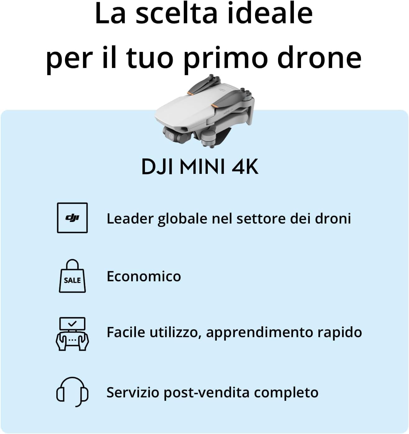 DJI Mini 4K, drone per adulti, fotocamera 4K HD, < 249 g, stabilizzatore 3 assi, trasmissione video 10 km, return automatico, resistenza al vento, 1 batteria per tempo di volo 31', volo intelligente