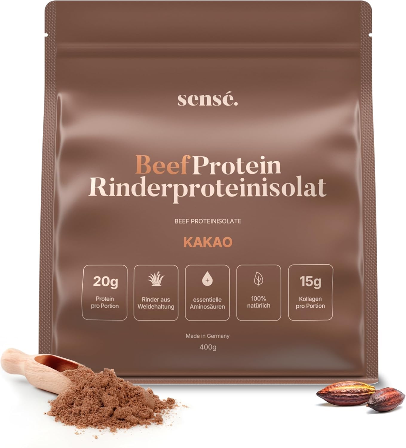 Poudre de protéines de bœuf au cacao 400 g - 100% naturel | 20 g de protéines | 10% de cacao en poudre et d'enveloppes de psyllium | Bioactif | Collagène 1, 2 et 3 | Bouillon d'os de bœuf