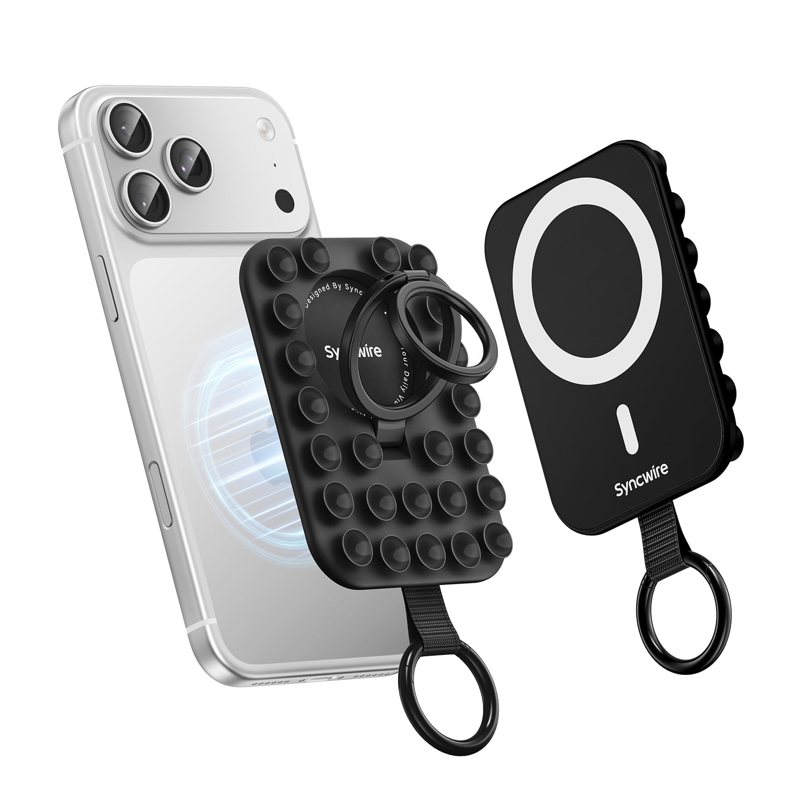 Syncwire Supporto Anello Magnetico in Silicone con Ventosa Forte per Custodia MagSafe – Anello Porta Cellulare per iPhone/Android, Mani Libere, Selfie, Video & TikTok, Nero