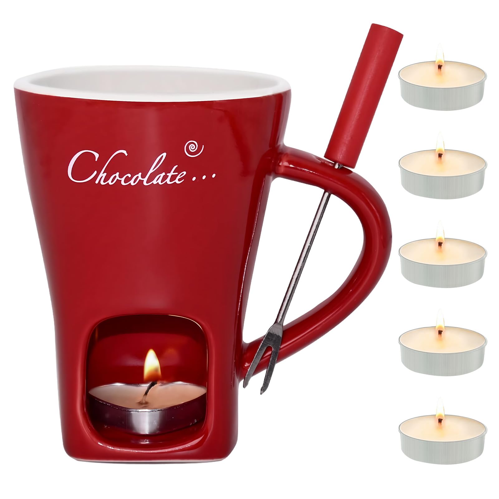 Tazza per Fonduta di Cioccolato in Ceramica 200 ML Rosso con Forchetta e Lumino