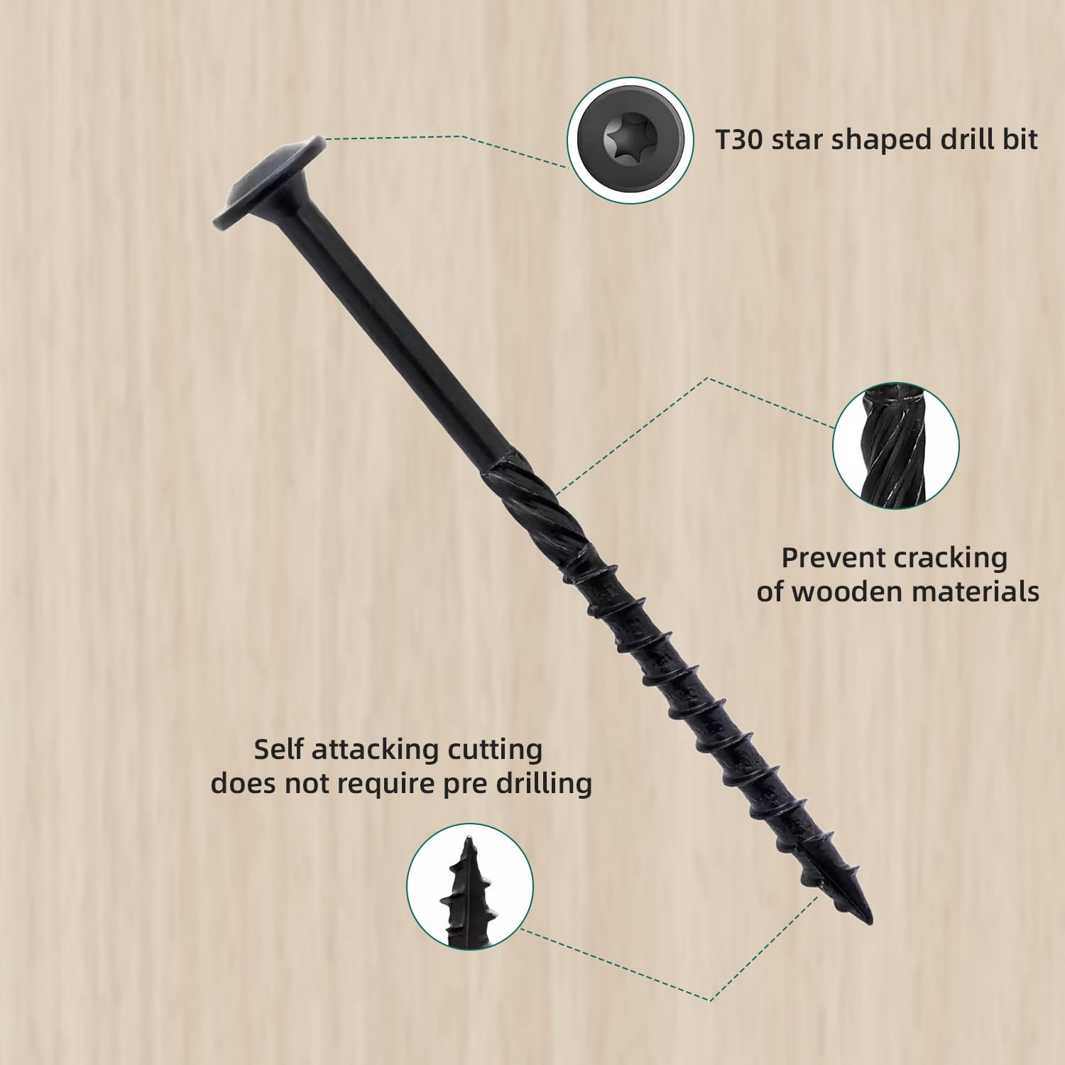 50Pcs Washer Head Heavy Duty Construction Structural Timber Screws,6.3 x 150mm Torx Wood Screws,Carbon Steel Black Oxide Coated Composite Decking Screws for Wood & Metal,with T30 Torx Bit - Image 4