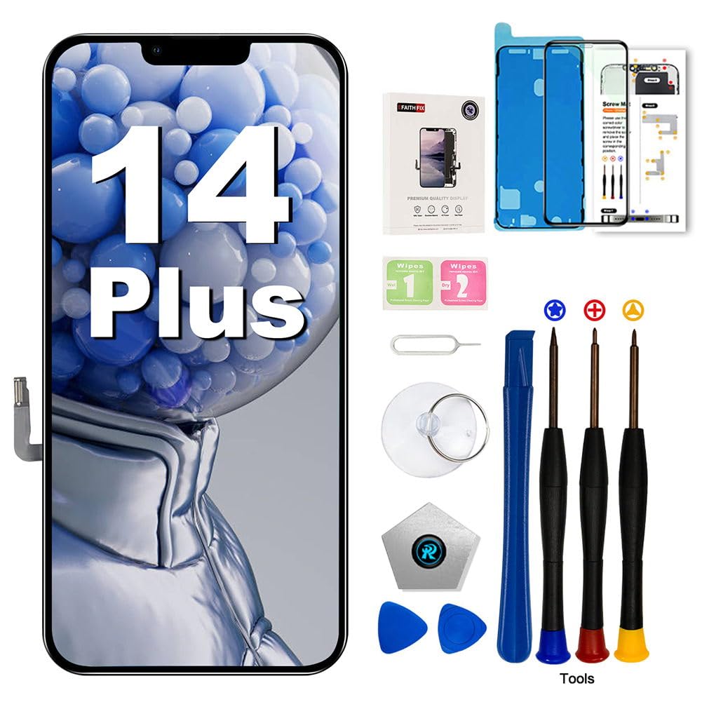 EFAITHFIX for iPhone 14 Plus 液晶パネル 6.7インチ画面適合A2632、A2885、A2886、A2887、A2888 | 高画質フレーム付き前面パネル、強化ガラス付き、防水シール、3 D タッチ、修理用工具付き、True ToneとFace ID対応