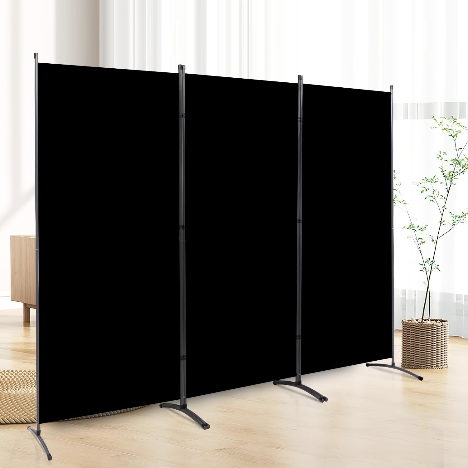 CHOSENM 3 Panel Folding Privacy Screens, 6 FT Tall Wall Divider with Metal Frame, Freestanding Room Divider for Office Bedroom Study (3 Panel, Black)