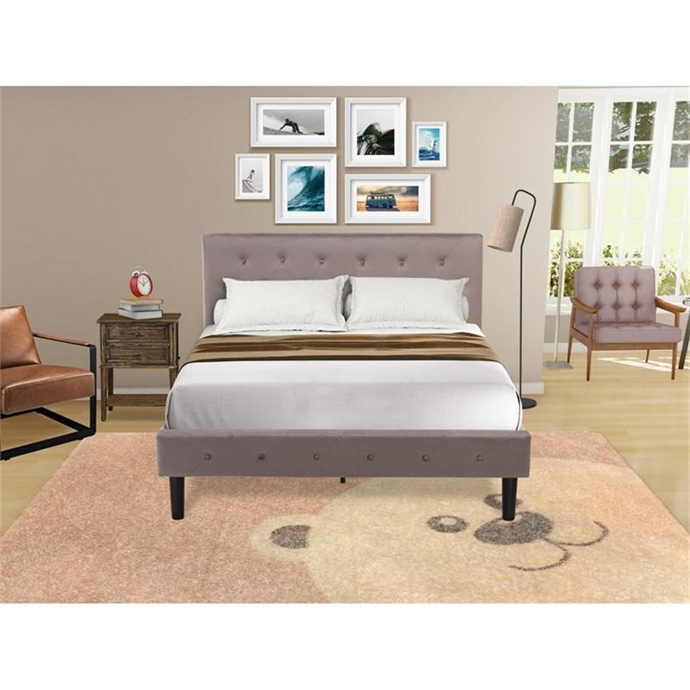 East West Furniture NL14F-1VL07 2 Piece Bedroom Set - Button Tufted Full Size Platform Bed - Brown Taupe Velvet Fabric Upholstered Headboard and a Distressed Jacobean Finish Nightstand