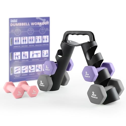 Weights Dumbbells Set of 6 with Portable Rack | 360ยฐRotatable Rack for Easy Storage, Ideal for Home Workout, Pilates, Rehab & Cardio, Health Gift for Women, Beginners & Kids - 12KG Set | Pink, Purple, Grey