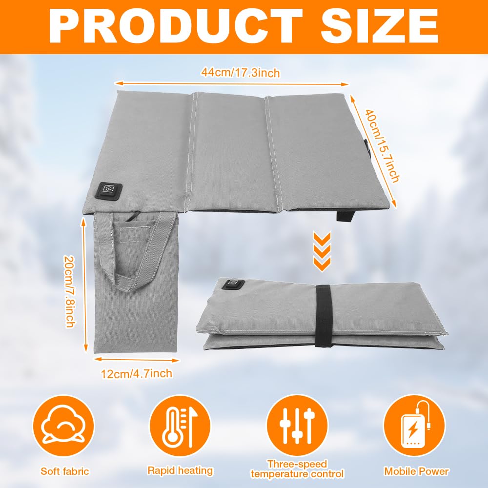NAVESO Sitzkissen Beheizbar Outdoor, 44X 40 cm Heizkissen USB,Beheizbares Sitzkissen, Stadion Sitzkissens Beheizt mit 3 Heizstufen, USB Beheiztes Heizkissen für Ausflug Camping Bürostuhl Sofa