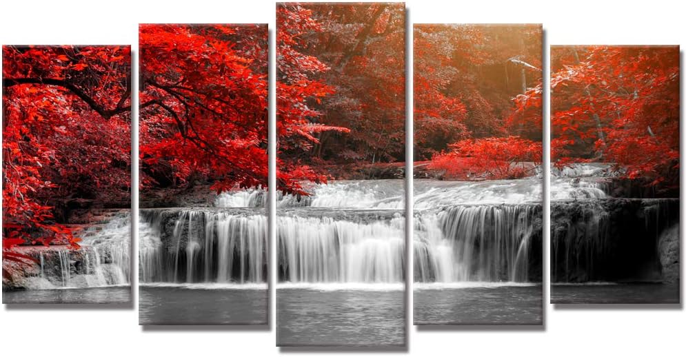WELMECO 5 Pieces Waterfall in Autumn Red Forest Canvas Wall Art Tree Nature Scenery Canvas Prints Gallery Wrapped Ready to Hang for Living Room Office
