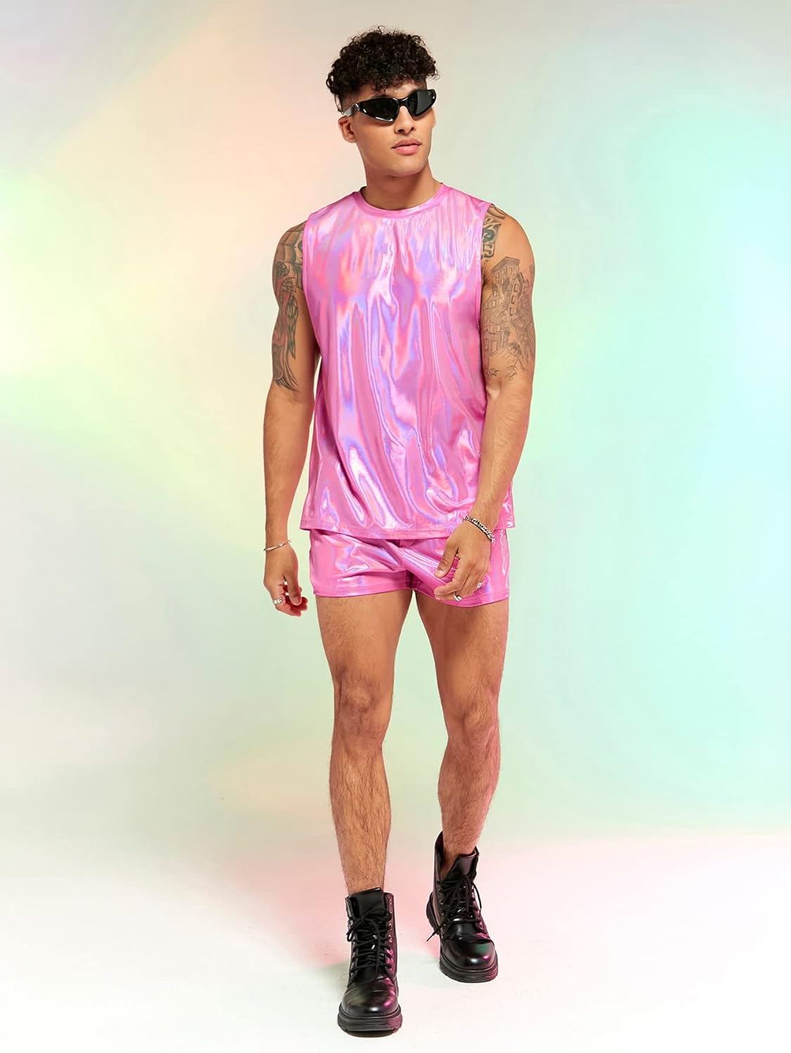 Verdusa Men's 2 Piece Metallic Outfit Sleeveless Tank Top and Short Tracksuit Sets