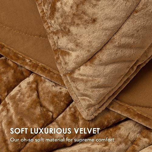 EverGrace Luxury Velvet Quilt Queen Size, Ultra Soft Wave Crushed Velvet Bedding Set, Lightweight Quilted Comforter Set for All Season, Oversized Bedspread Coverlet with 2 Shams, Harvest Gold by EverGrace - Image 4