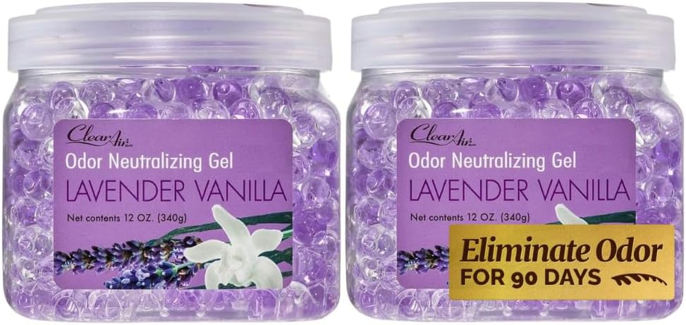 Clear Air Odor Eliminator Gel - 12 oz, Pack of 2 - Air Freshener Made with Essential Oils - Eliminates Odors in Bathrooms, Cars, Boats, RVs & Pet Areas - Lavender Vanilla Scent