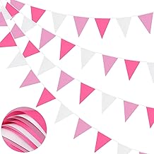 20M Rose Gold Pink and White Polyester Fabric Bunting Bunting Flags 52 Flags Waterproof Reusable for Home, Outdoor, Birthday, Wedding, Party