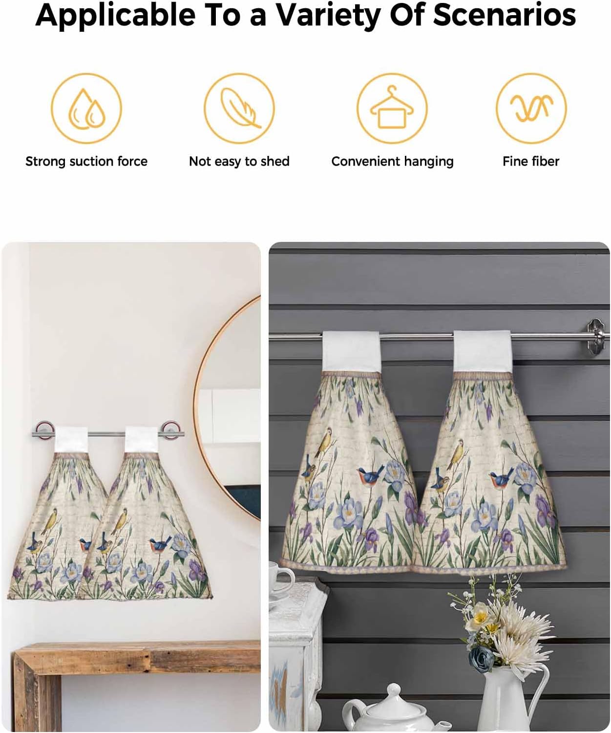 Spring Flowers Kitchen Hand Towels with Hanging Loops Set of 2 Vintage Floral Leaves Birds Pastoral Botanical Soft Thick Oven Fingertip Dry Microfiber Tie Dish Towel Absorbent Cleaning Washcloth