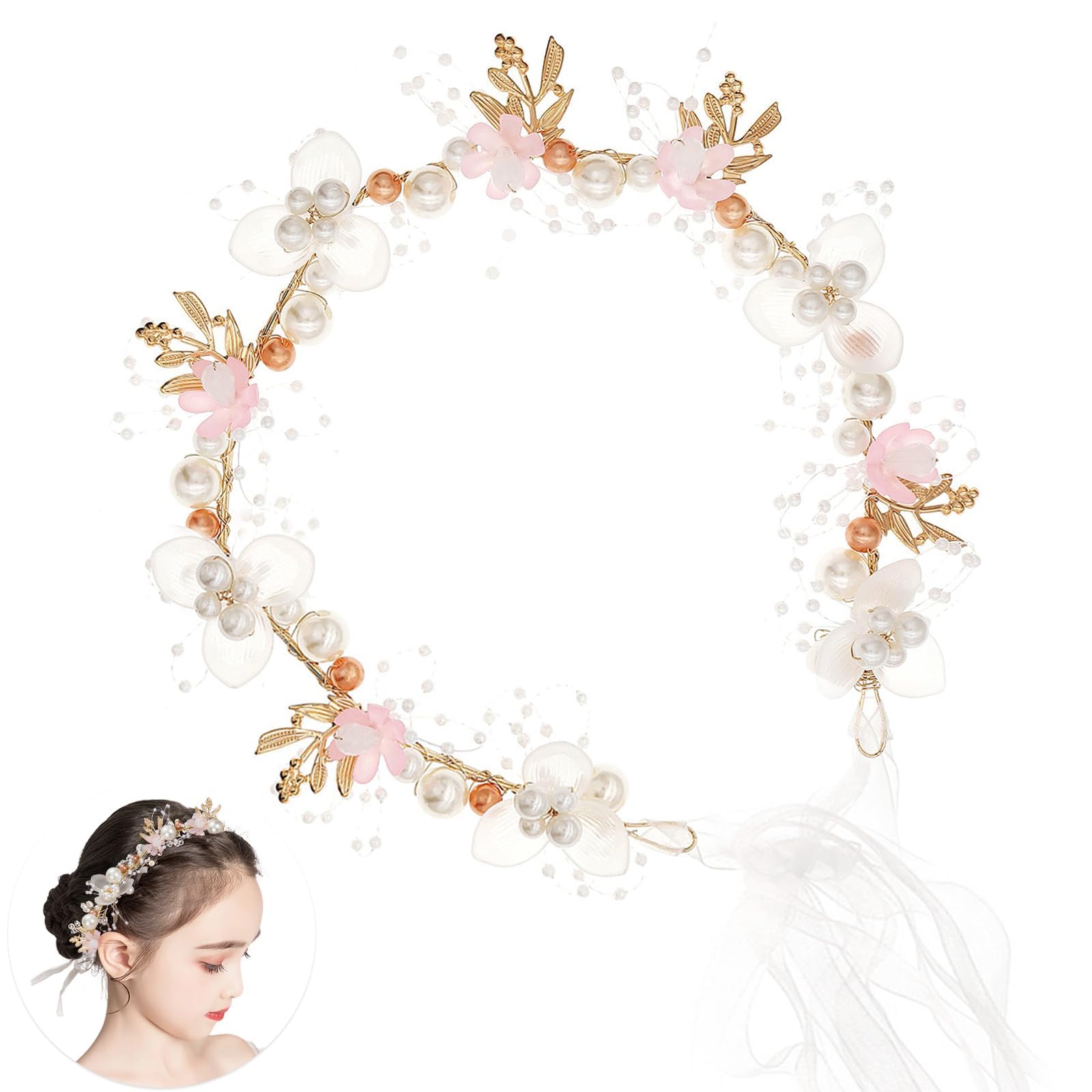 BendJoy® Princess Floral Crown for Girls Kids, Pearl Crystal Pink Tiara Hairband for Girls Women, Bridal Garland Hair Band Tiara for Party Birthday Wedding Ball Dress Up Hairband Hair Accessories (B0DBPL35CR) Amazon Price History, Amazon Price Tracker