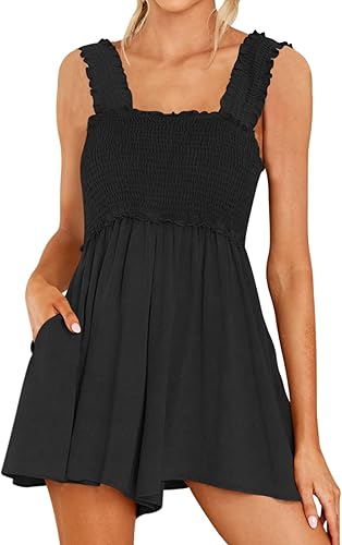 DEEP SELF Mameluco de verano sin mangas para mujer, cuello cuadrado, tirantes con volantes, con bolsillos