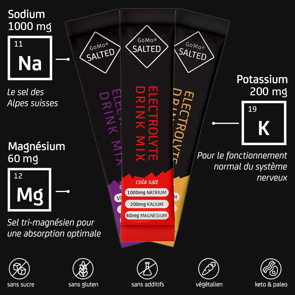GoMo SALTED Hydration Aid | Electrolytes sans sucre | Amélioration de l'absorption de l'eau & hydratation rapide | 30 portions de poudre d'électrolytes avec du sel des Alpes suisses | Goût mixte