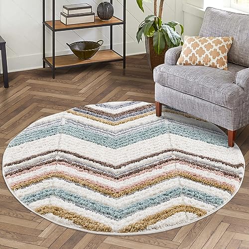 carpet city Teppich Hochflor Wohnzimmer - 160x160 cm Rund - Modern Chevron, Zickzack Mehrfarbig - Cut-Loop, Hochtief, 3D-Effekt - Shaggy Teppiche Flauschig-Weich Schlafzimmer Langflor
