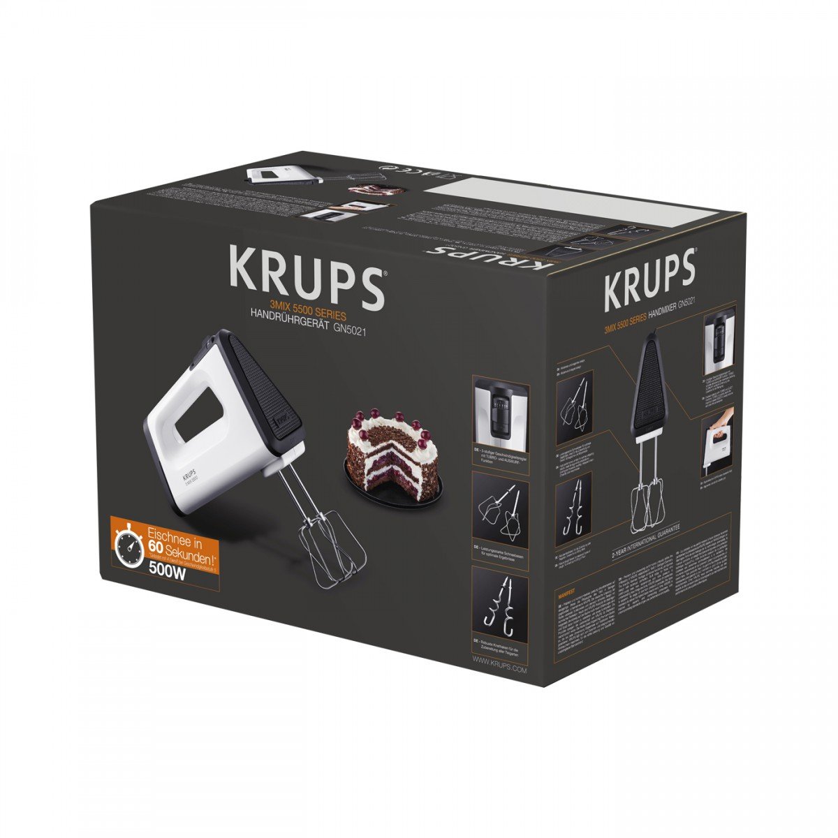 Krups 3 Mix Handmixer, 500 W, 5 Geschwindigkeiten, Handrührgerät mit Turbostufe, Ergonomischer Griff, Schneebesen & Knethaken aus Edelstahl, weiß, GN5021