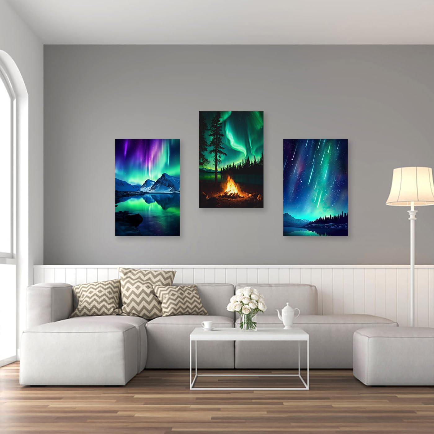 CXHOSTENT 3 Panels Aurora Borealis Canvas Wall Art Northern Lights Wall Decor Snow Mountain Lake Forest Bonfire Pictures Large Living Room Decor Frame (Aurora Borealis - Image 4