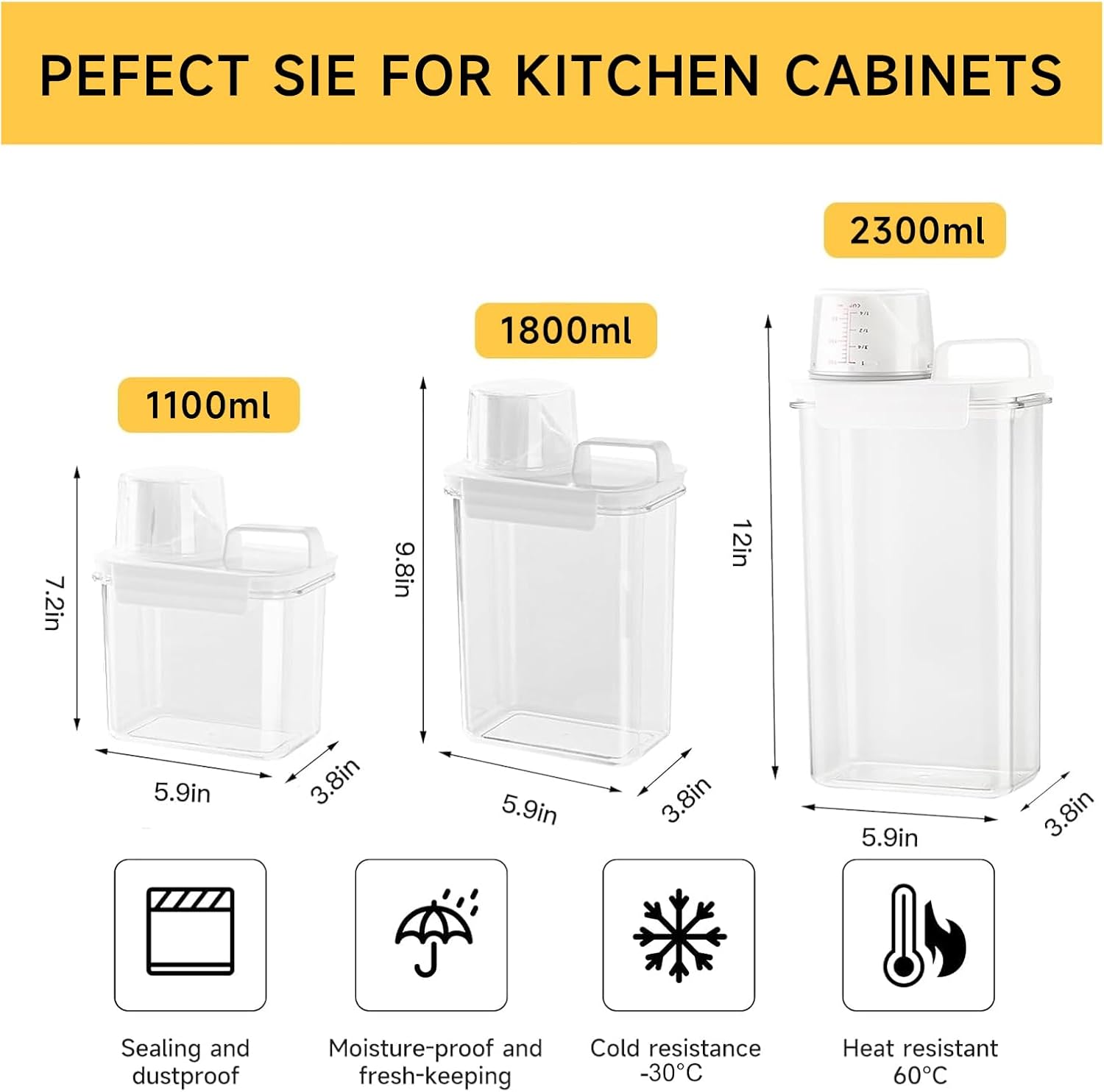 Storage Cereal Organizers Containers Sets,Food Grade BPA free PET Material Reusable，Airtight food storage containers with lids， kitchen organizers and storage Total(2 pcs 2300ml 2 pcs 1100ml) - Image 2