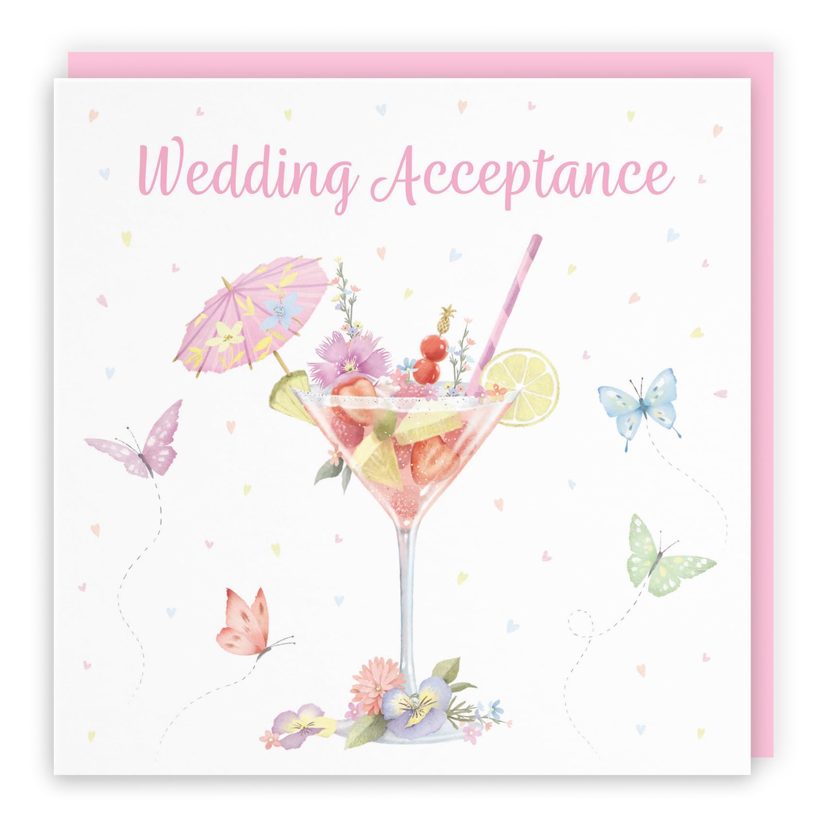 Hunts England - Pink Cocktail And Butterflies Wedding Acceptance Card - Milo's Gallery - Wedding Acceptance - Wedding RSVP Invitation Acceptance Card