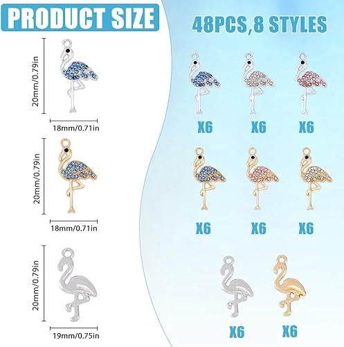 Miniatura 2 de SUPERFINDINGS 48 dijes de aleación de diamantes de imitación de 8 estilos, dijes de platino y flamenco dorado, dijes de grúa para manualidades,