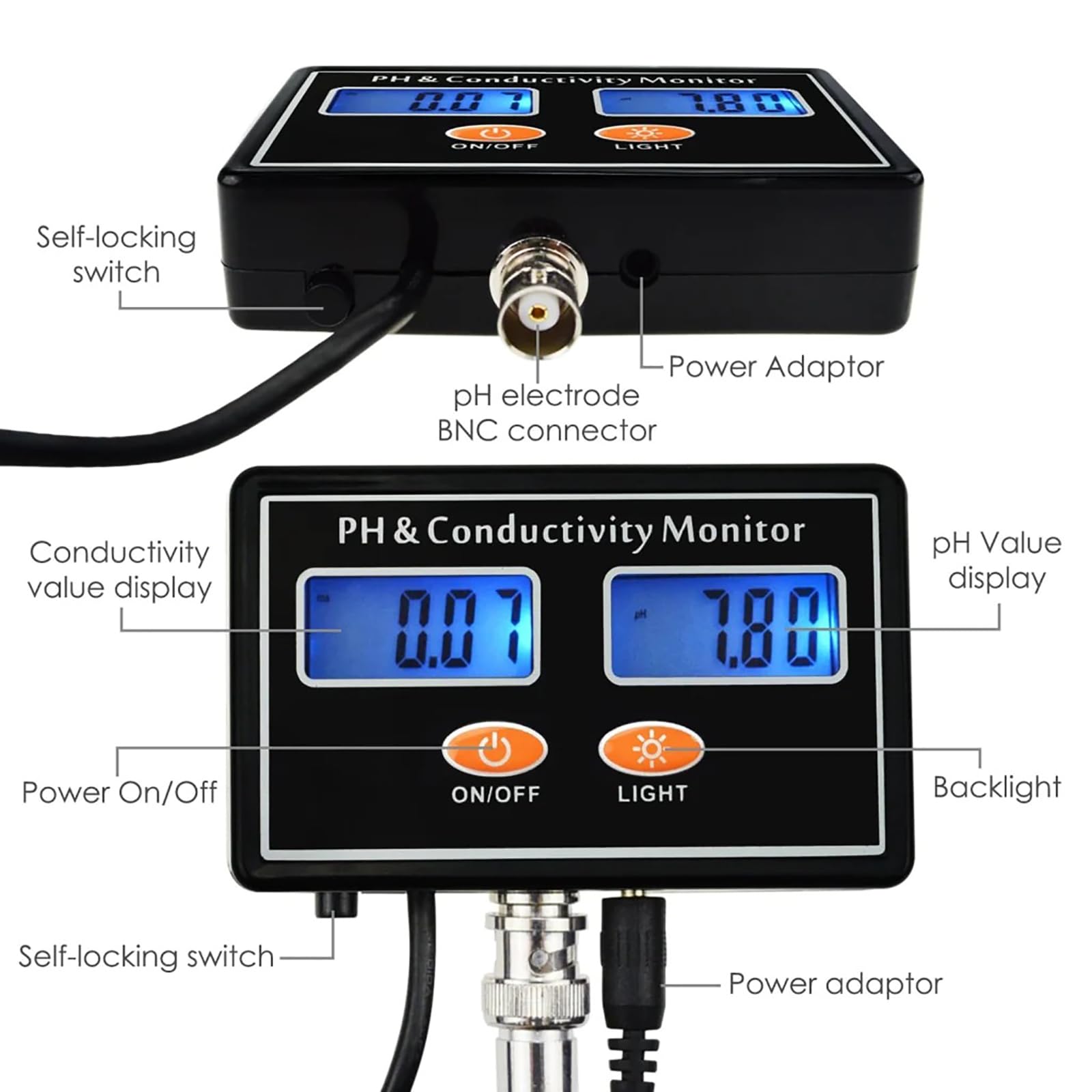 Genérico Analizador De Agua 2 En 1 con Electrodo Reemplazable | Compensación Automática De Temperatura, Pantalla Retroiluminada De Doble Pantalla, Adecuada Para Acuicultura E Hidroponía