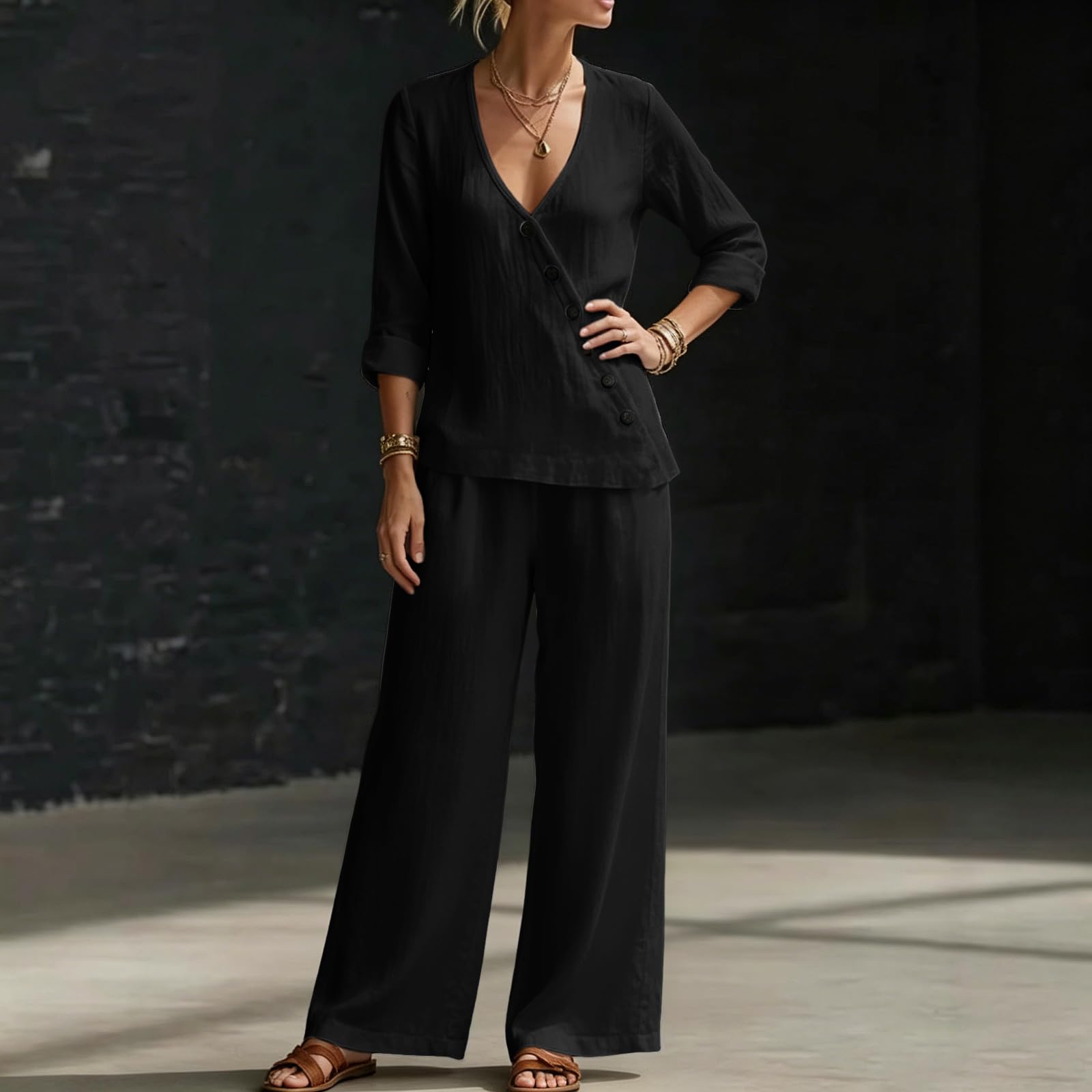 Completo Donna Elegante Lino Estiva Due Pezzi Tuta Completa Taglie Forti Tuta Tinta Unita 3/4 Blusa e Pantaloni Gamba Larga con Tasche Casual Completi Comodo Morbido Camicia Scollo a V Eleganti