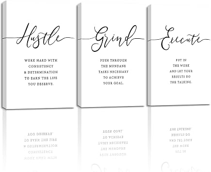 Inspirational Quotes Office Canvas Framed Wall Art, Grind Hustle Execute Positive Poster Workplace Motivation Painting Home Decor, Large Positive Motivational Set of 3 Prints Easy to Hang