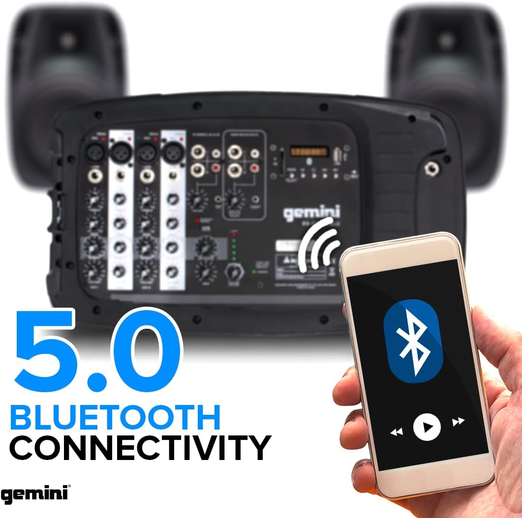 Gemini Sound ES-210MXBLU Professional Audio Bluetooth PA System with Two 10" Woofer Speakers and Microphone Included, Detachable 8 Channel Mixer, 4 Line/Mic Inputs, SD, USB : Musical Instruments