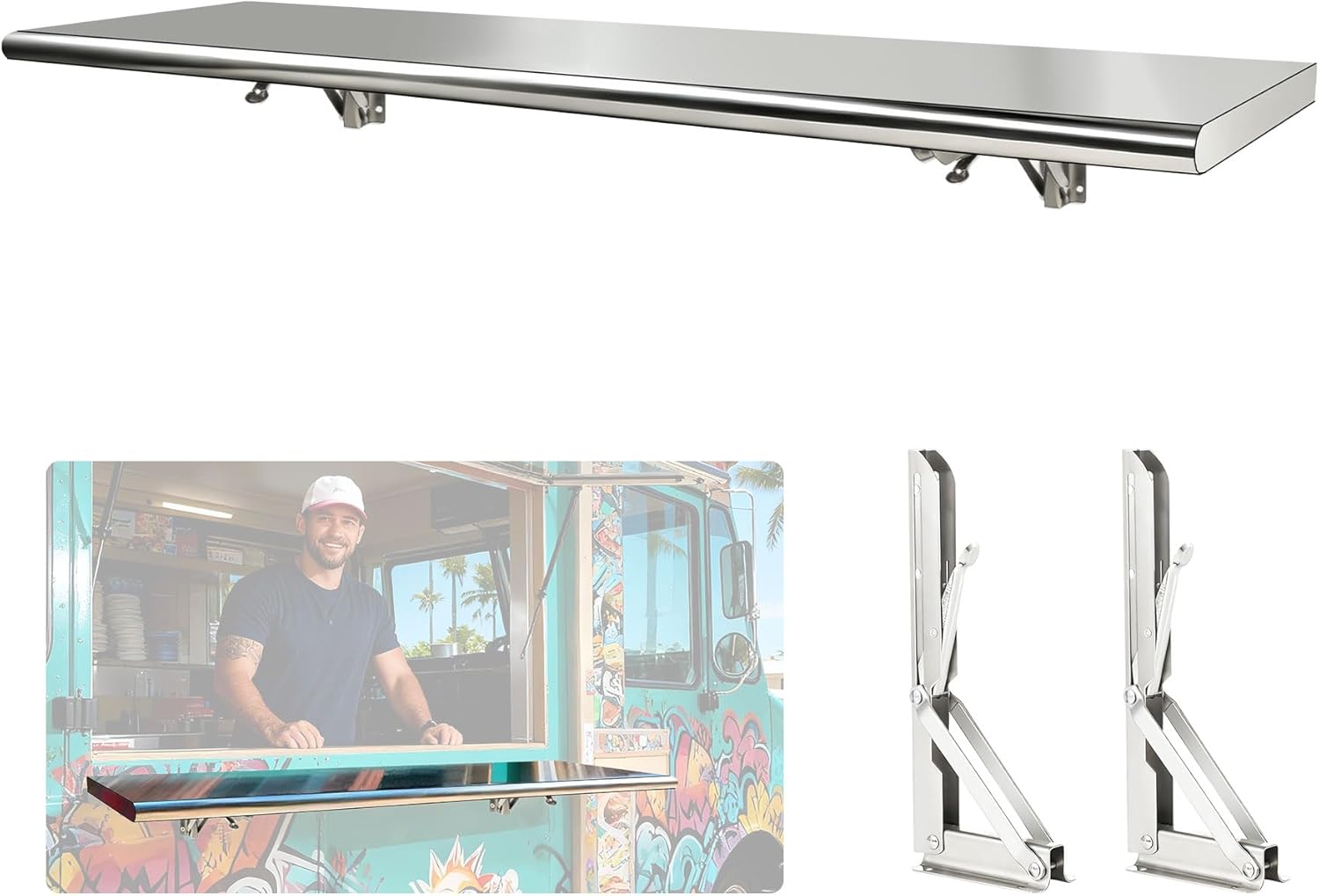 48x12 Inch Folding Concession Shelf, Stainless Steel Food Shelf Stand Serving for Concession Serving Window Food Truck, Kitchen, Counter