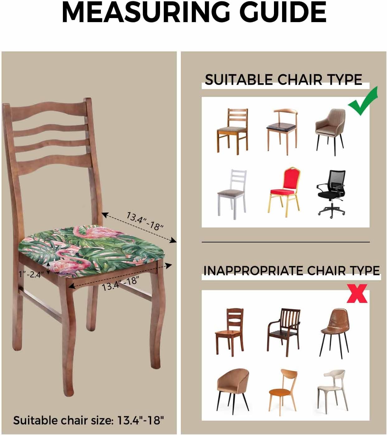 Dining Chair Seat Covers Set of 6, Pink Flamingo Removable Washable Chair Cover Slipcovers, Summer Tropical Watercolor Plants Green Leaves Dust-proof Stretch Chairs Cover Seat for Kitchen Decor