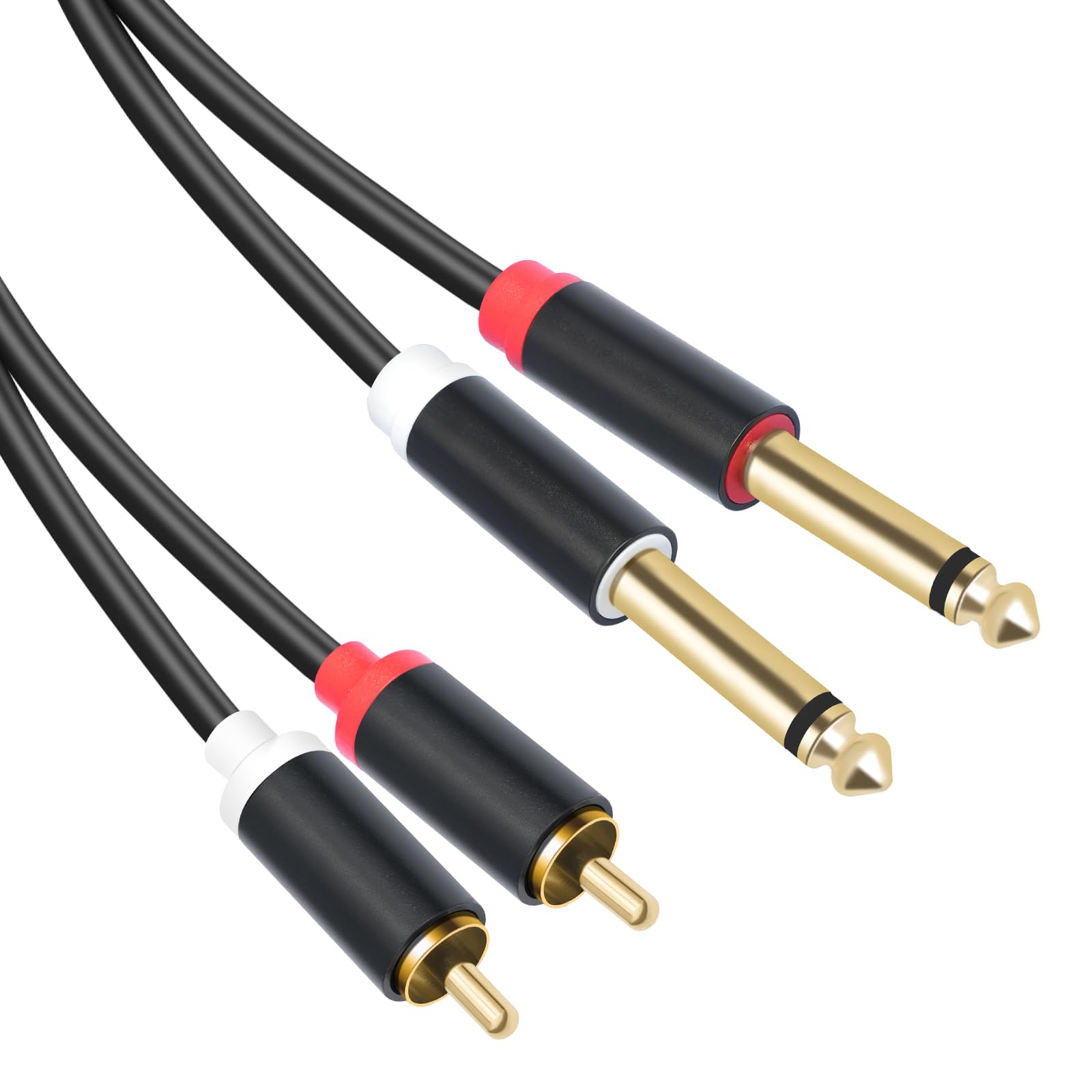 Cavo di interconnessione audio stereo doppio da 1/4 TS a doppio RCA, 1,5 m, guscio in rame placcato oro, resistente, 2 x 6,35 mm maschio TS a 2 RCA maschio cavo adattatore