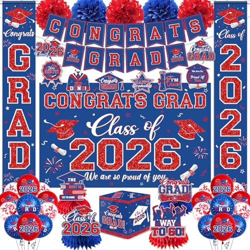 Graduation Decorations 2026 Congrats Grad Banner Kit with Class of 2026 Backdrop Porch Sign Hanging Swirls Honeycomb Centerpieces Balloons Box for Grad Party Decorations (Navy Blue-Red)