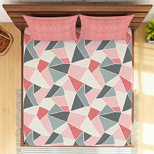 Image of Spaces Atrium 144 TC 100% Cotton King Size Fitted Double Bedsheet with 2 Pillow Covers (Geometric, 72 inch X 78 inch Inches ) - Peach